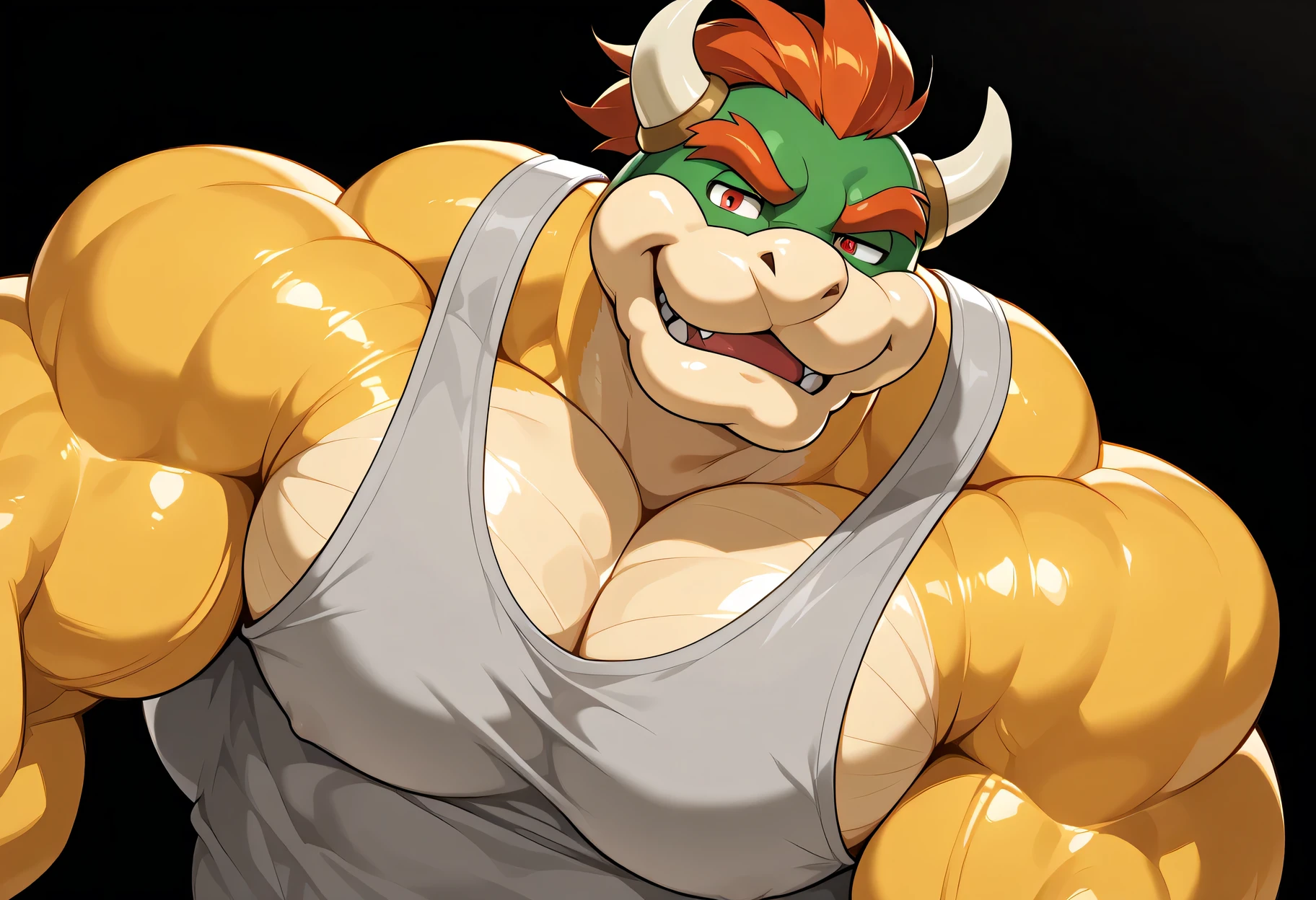 kemono, bara, solo, 1boy, furry, anthro, bowser , male, huge muscular, thick neck, thick throat, posing, yellow bady, broad shoulders, broad chest, black background, bedroom eyes, one raised eyebrow, looking at viewer, smile, red eyes , front view, BREAK score_9_up,score_8_up,score_7_up,score_6_up,score_5_up,score_4_up BREAK by null-ghost, tank top black, close up face, winter cap, Big pecs, posing slightly sideways, gymbro