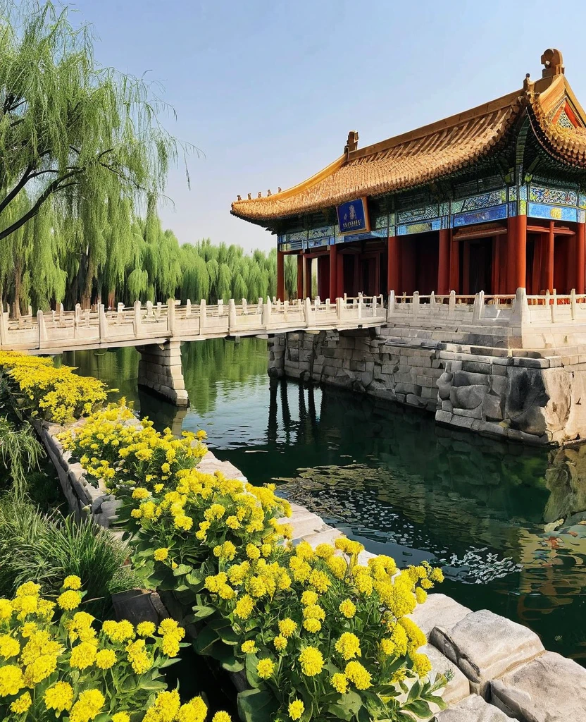 " Beautiful Luxurious city center in Beijing surrounded by a large park in the evening and with temples. The evening scene crowded with vegetation and details, chemin infiniment longue avec plusieurs ponts suspendus et pars. Misty atmosphere in the foreground in the street, des nuages fabuleux et duveteux. Several tourists walk in the background. Wet soil with blurred blurred reflection and movement. Camera seen from ground level, Real colors, Realistic style, 8k, Wide full-plane camera angle, Ultra detailded, High definition photography, Masterpiece, effet de bokeh, realistic depth of field Focal length 1/8 avec 35 mm. Ambience, atmosphere, rayons de soleil, luxuriant, detailed realistic lighting, volumettic light, golden hour. . "