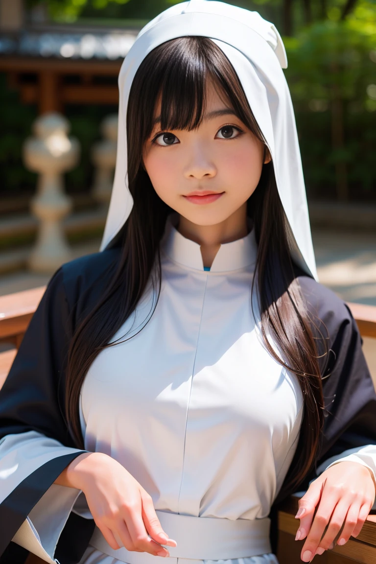(Highest quality、masterpiece:1.2)、Highest quality、Realistic、photograph、High resolution、1080P、8K、Textured skin、Physical Rendering、 Japanese women、、cute、Young Face、Roll Hair、(Japan shrine priestess costume:1.5 )、Japanese temple grounds、shy、smile、big