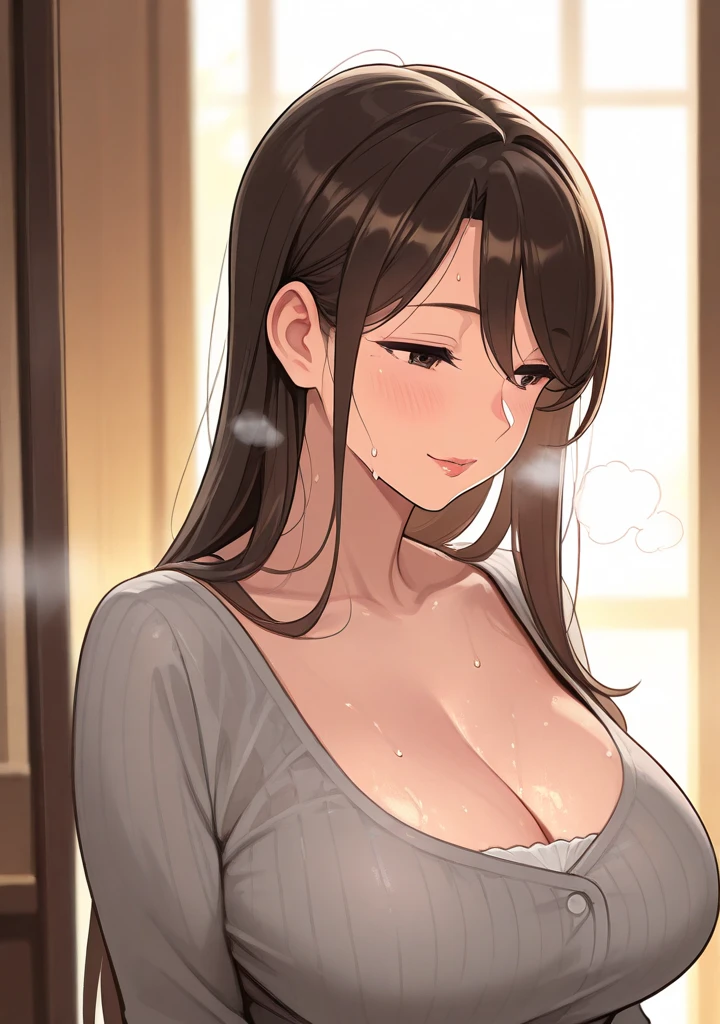 ((highest quality, masterpiece)),beige lace lingerie、vapor、wear a hoodie over lingerie、chest zoo、Sweat、Splashing Sweat、、blush:1.3), ((mature woman:1.5、、dark brown hair、short hair、),