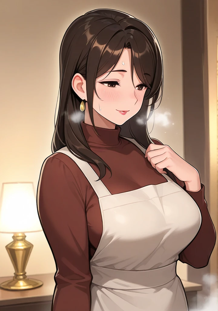 (extremely detailed CG unity 4k wallpaper),(masterpiece),(best quality),(ultra-detailed),(best illustration),(best shadow),(absurdres),(detailed background), 1girl, solo, Imagine Ochaco Uraraka being a 45 year old mother, MILF, brown hair, brown eyes, blush stickers, short hair, Mature Face, brown hair, brown eyes, blush stickers, short hair, curvy female, thick thighs, voluptuous female,((Wearing: red turtle-neck sweater, black leggings and ugg boots)), indoors, detailed background, living room, wide shot, (Standing:1.2)