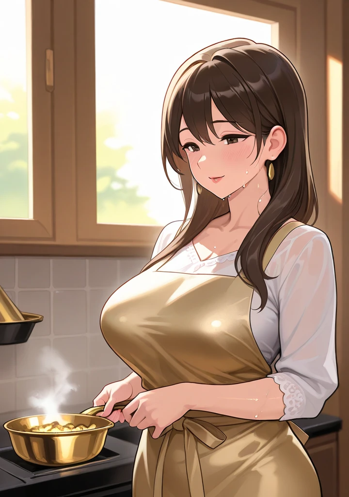 (Mature Woman:1.5), (mother:1.5), Ishtar, Fate Grand Order, (Absurd, 8k, 4K, Tabletop, Extremely detailed:1.2), Highest quality, Perfect Anatomy,Perfect Face, High humidity, (alone:1.2), (Sweaty:1.3), shortness of breath, High humidity, humid, (Black Hair:1.1), Red eyes, Looking into the camera, (Very large breasts:1.5), Light clothing, apron, (kitchen;1.1), (Having a conversation:1.2), (Speech bubble:1.1), A kind smile, relief, peace of mind, mother性, Cooking, have a ladle, pot, pot-au-feu, Gentle look, nsfw