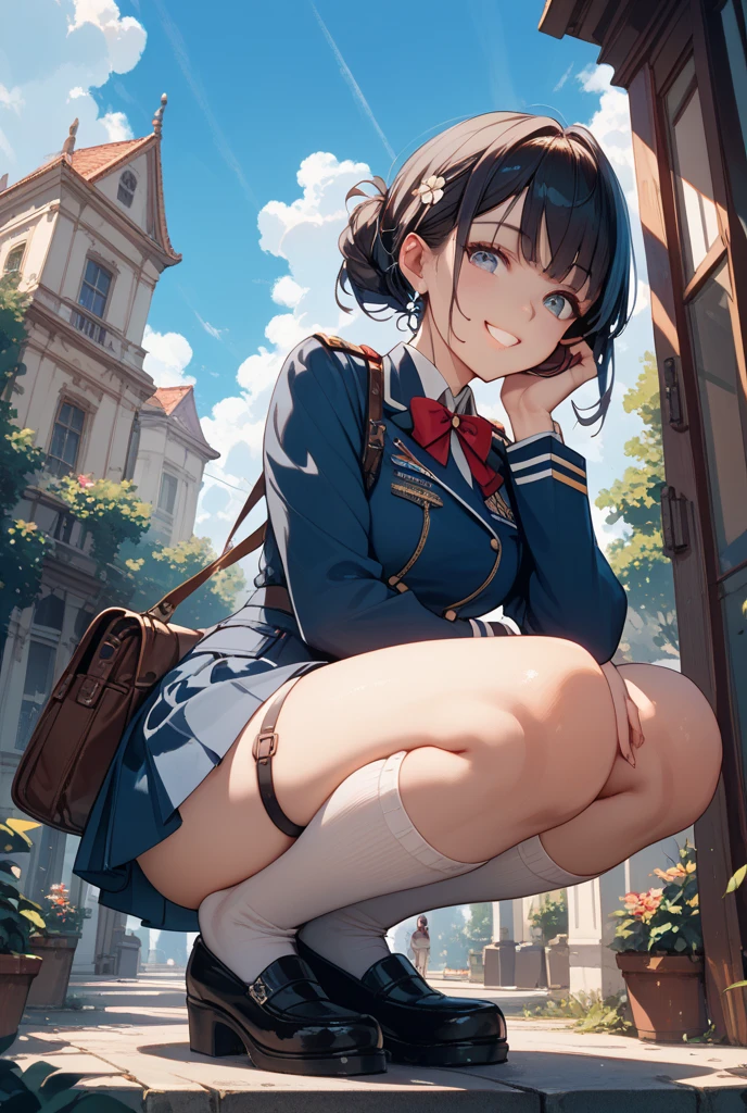 Highest quality、High resolution、Detailed Background、(Beautiful face in every detail:1.4)、Detailed facial expressions、Anatomically correct、Teenage beauty、(Huge breasts:1.2)、cute hair color、Braided Bob、Braided Ponytail、cute hairstyle、Perfect body line、Attractive thighs、Cute gestures、Tokyo Sky Tree、A big smile、smile、cute、
White Sailor Suit、White sailor collar、Pleated mini skirt、White Stockings、
squat down、I can see my underwear when I squat down、Panty shot、
(A girl squatting playfully with a landmark in the background:1.5)