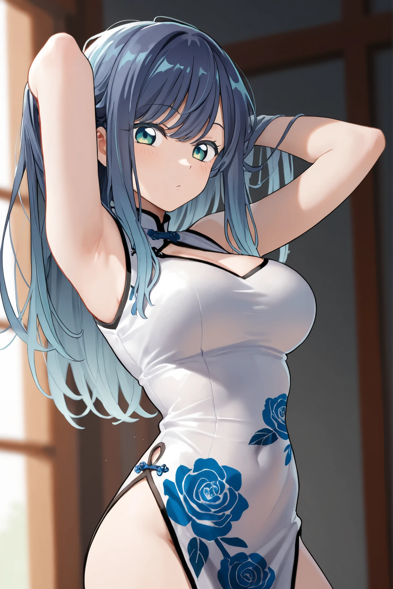 High resolution, Adult female , Good lighting, Despicable,(((China dress))), Cute Face, blush with embarrassment, Humiliating, ((Looking Back)), (((Raise the hem of a skirt, Showing panties to the camera, Panty Focus, Tiny Panties, Small Micro Panties, Plain pastel blue panties,Shallow panties above the crotch,naked)))