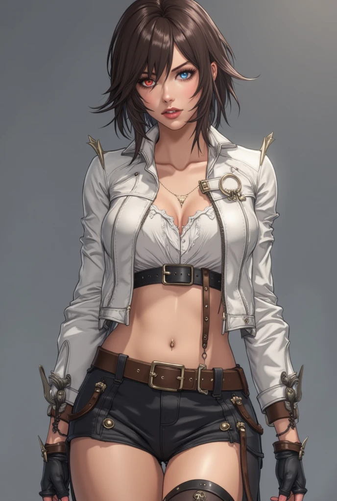 (((((solo))))),(((((masterpiece))))), (((((best quality))))),(((((highly detailed))))),finely detail,Depth of field,detailed clothes, ((cygames)), highres,
1girl, bangs, (beautiful detailed face:1.3), collarbone, brown vest ,collared shirt, blue eyes, golden hair, cleavage, ((cowboy)), (cowboy hat:1.3), fingerless gloves, gloves, hair intakes, hat, medium breasts, navel, neckerchief, red neckerchief, revolver, short hair, short shorts, shorts, thick thighs, thighs, weapon, multiple belts ,cowboy western, ((desert))