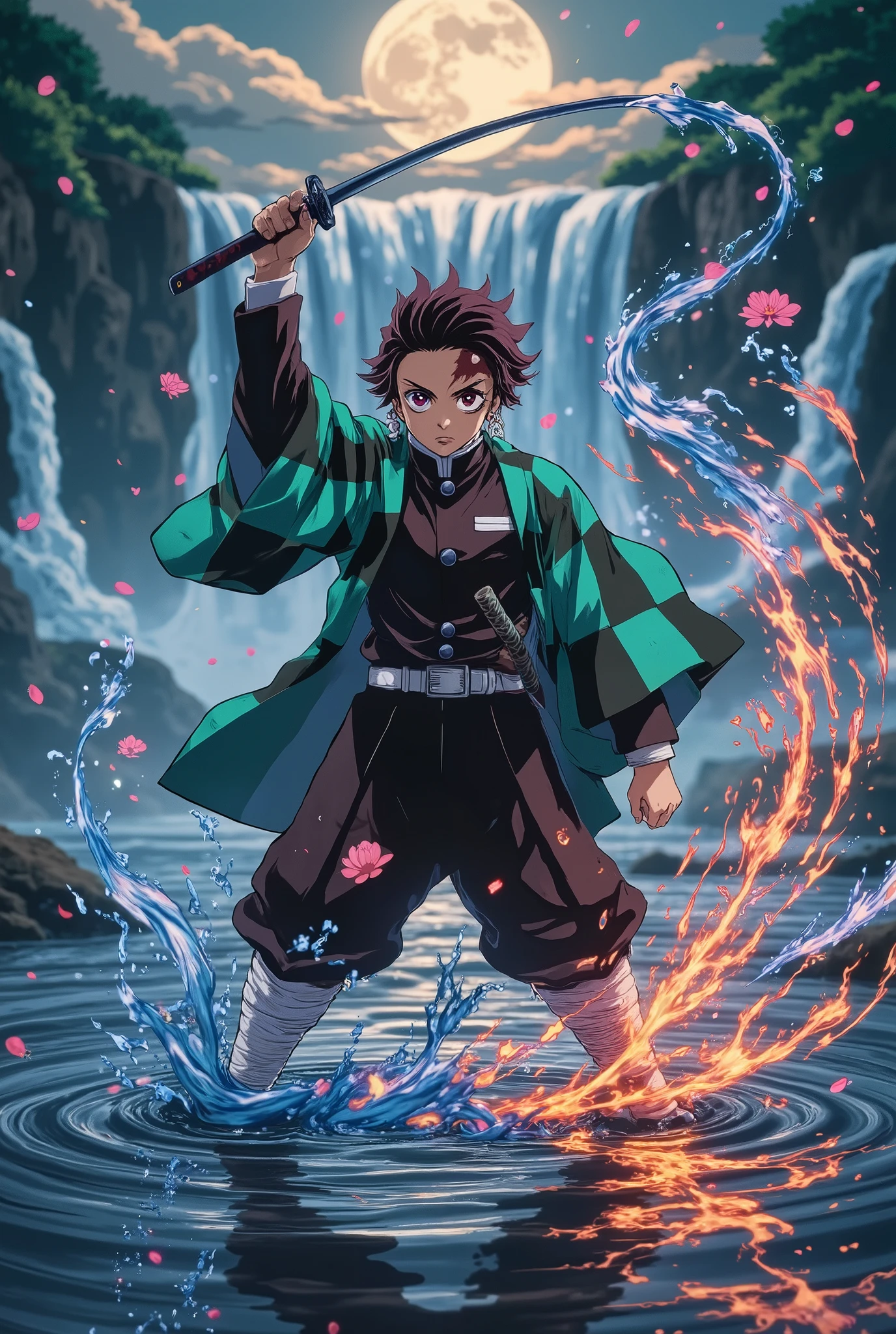 medium close-up, Tanjiro from Demon Slayer in surreal power realm, standing on calm water surface with sword drawn, water breathing aura swirling around him as ethereal dragons and koi fish made of glowing water, embers and flames subtly rising from his feet (Hinokami Kagura influence), expression of fierce determination and deep compassion, layered haori flowing, background filled with massive suspended waterfalls and floating lotus petals, moonlit sky, magical mist, cinematic anime lighting, painterly style with high detail, emotion-charged atmosphere, epic fantasy tone, realm of power visualization