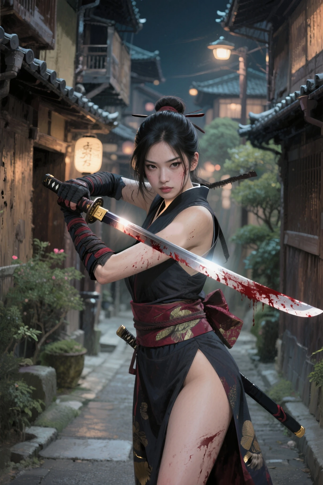 woman kneeling on the ground holding a sword in a courtyard, katanas strapped to her back, she is holding a katana sword, posing with a sword, holding a sword on her shoulder, katana, fox nobushi holding a naginata, dramatic wielding katana pose, badass pose, unsheathing her katana, very beautiful cyberpunk samurai
