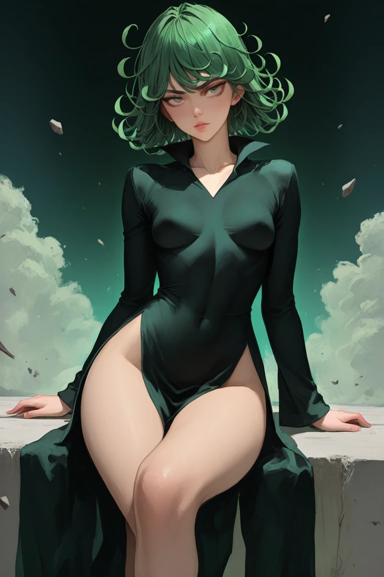 (Masterpiece artwork, best qualityer: 1.2), tiro de cowboy, standing alone, , 1 girl, tatsumaki, luxurioso, cloused mouth, neckleace, gazing at viewer, in this, tight black dress, blue skies, clouds, erotic.