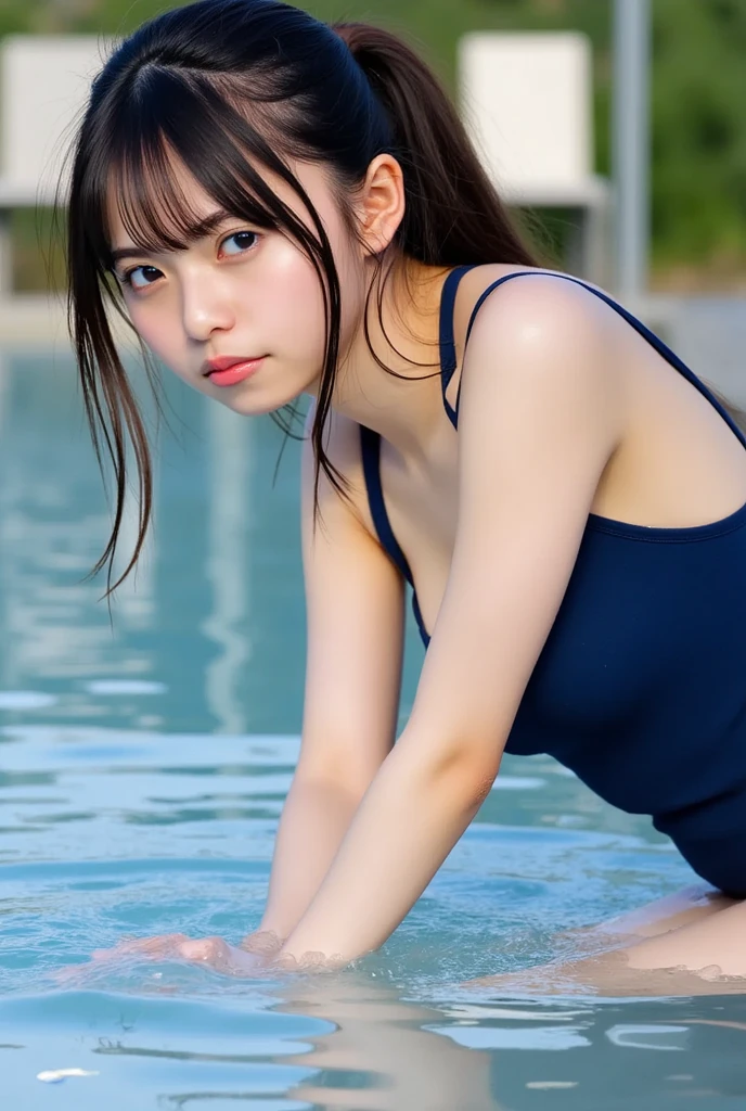 1girl in, (masutepiece:1.1), (Best Quality:1.1)、(in poolside :1.1), Nudeer、frombelow、length hair, sideways Facing,