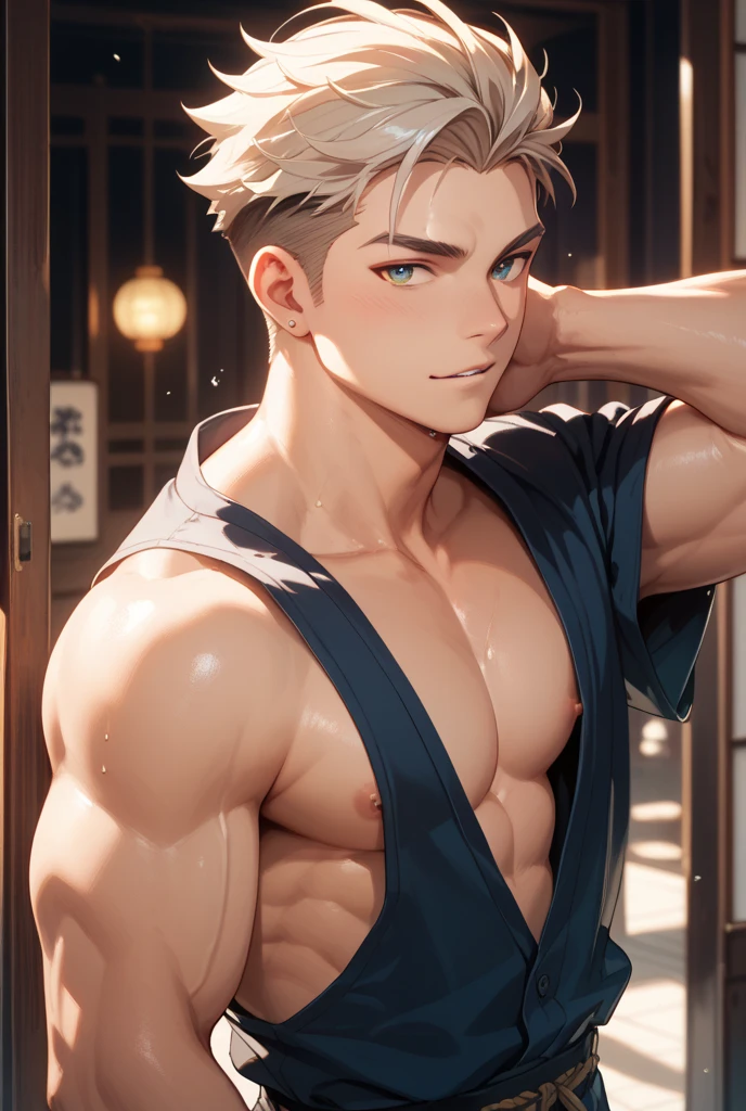 Full body photorealistic 4k, high resolution, best quality, masterpiece, perfect color, perfect shade, perfect lighting, Posted by e621, ((portrait)), ((handsome man)), perfect male figure, Short hair details,chest muscles,abdominal muscles,????? torso,Detailed face, perfect face, (stood up), Detailed background, ((Bonifasco Lighting)), (delicate eyes),(animal ears),white hair