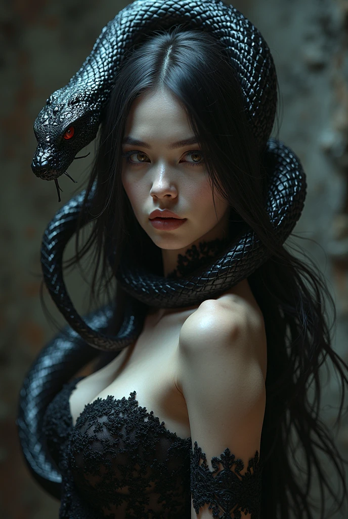 a hermaphrodite being with androgynous features holding a black, venomous snake. Written on his forehead are the words: resentment His eyes are dark and around him is a layered violet sky