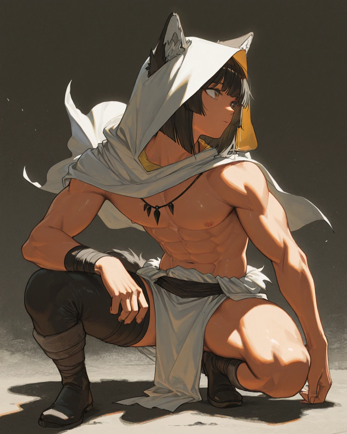 1boy, black eyeliner, male medium length mullet hairstyle, medium sharp hair texture, black hair, handsome, red eyes, white long bandage gloves, white bandage on body, desert, room, red lipstick, femboy, blush, thin waist, open mouth, half open eyes, bandage pants, bandage choker, mummy, beautiful face, scars on body, sexy pose