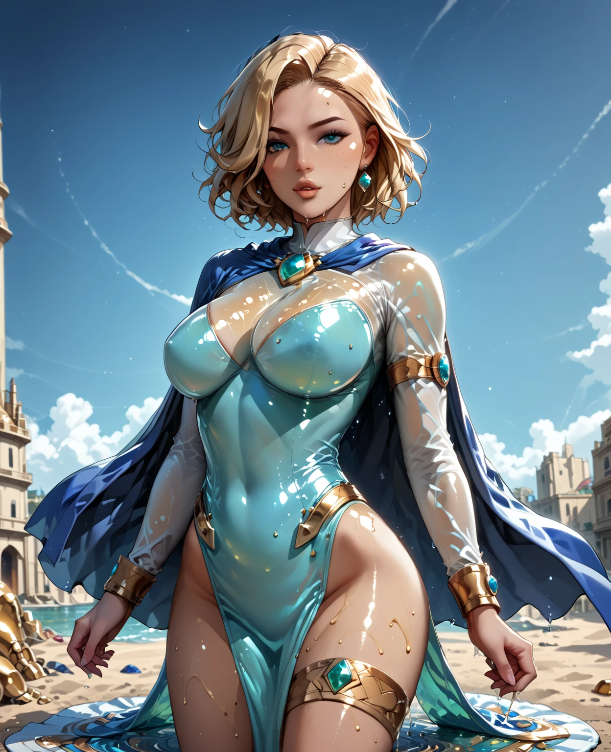 NSFW. kara, short blonde hair, blue eyes, ((blue bikini)), large breasts, shoulder cape, standing, upper body, solo, morning, deserted beach with cliffs, cloudy sky, serious, (insanely detailed, beautiful detailed face, masterpiece, best quality)