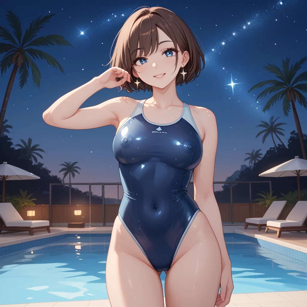 (Masterpiece)), 8k wallpaper, Watanabe , wearing only a basic swimsuit and pumps,
The shoulder area of the swimsuit is a tank top type without decoration,
The waist of the swimsuit is a high-cut leotard type
The surface of the swimsuit is slippery, standing, shameless pose.
