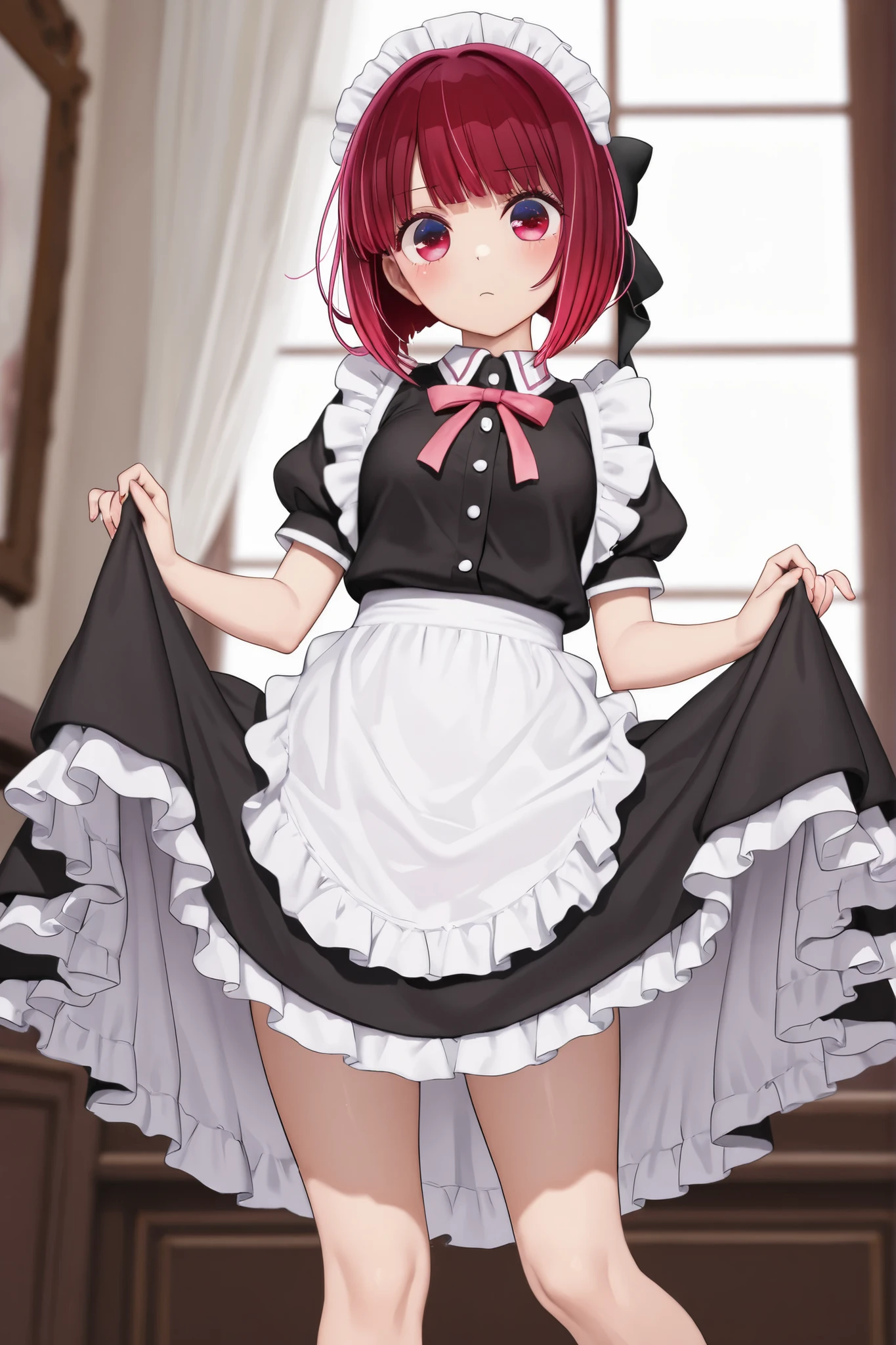 [ellen joe], ((masterpiece)), ((solo portrait)), ((waist up)), ((low angle view)), ((HD)), ((High res)), ((anime)), ((detailed shading)), ((cinematic lighting)), {(attractive figure), (long shark tail), (cute maroon eyes), (short eyelashes), (cute mole on cheek), (two-toned hair), (short black hair with red), (large breasts), (defined toned legs), (bored expression)}, {(maid short sleeved dress), (maid hairband), (white apron), (black checker-pattern pantyhose)}, {(hand on hip), (looking at viewer)}, [ambient lighting, living room, mansion, lamp light]