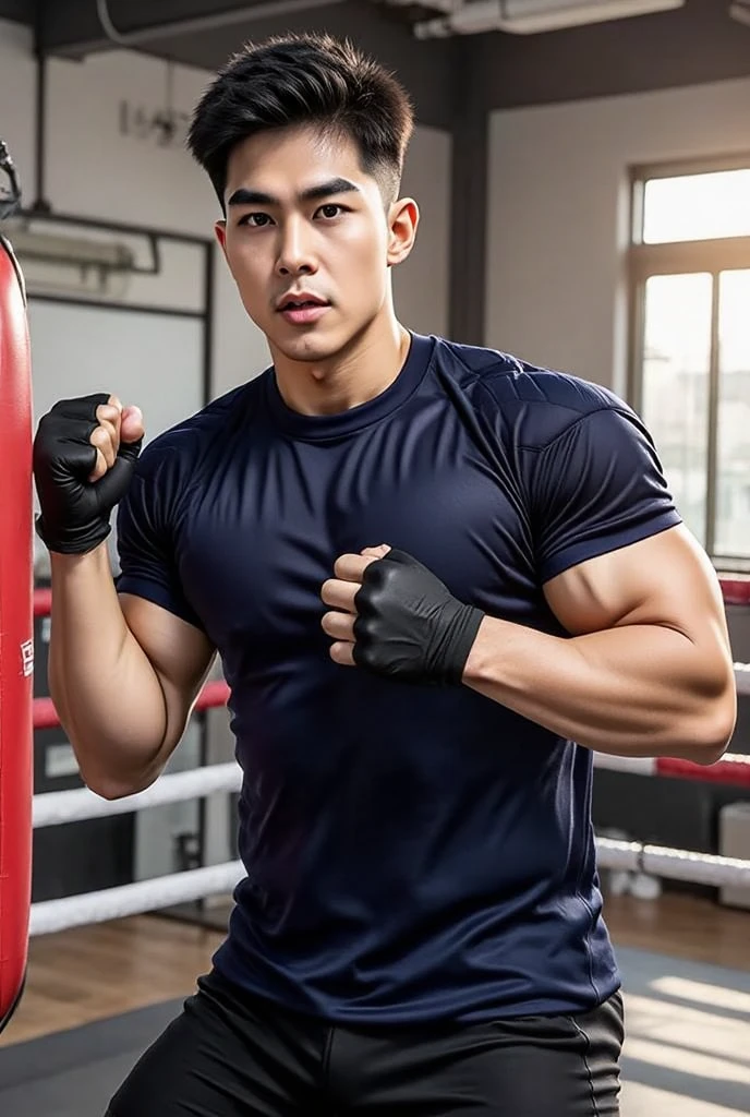 Imagine japanese muay thai kickboxer wearing black long sleeve shirt and muay thai short shorts kneeling