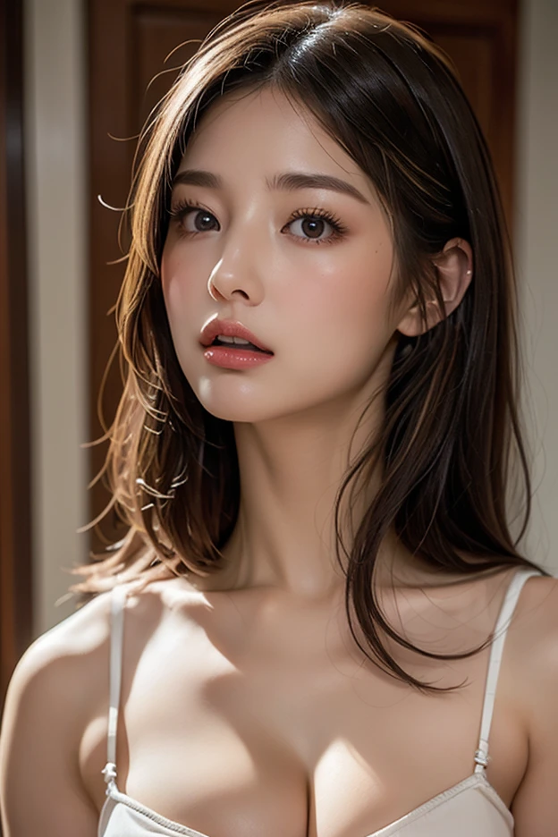 (RAW Photos, Highest quality), (Realistic, photo-Realistic:1.3),Highest quality,Very detailed,masterpiece,Very detailed,figure,One girl,upper_body,Dynamic Angle,world masterpiece theater,Messy_length_hair,Highest quality,Very detailed CG ユニティ 8k 壁紙,ink,wonderful,Cinema Lighting,lens_Flare,,Dunhuang_style、(Light brown wavy hair:1.8)、White bra:1.8、Spring-like colors、Ultra-high resolution face、超高解像度のhair、Ultra-high resolution sparkling eyes、Ultra high resolution glossy lips、The best smile:1.5、Face close-up:1.2,