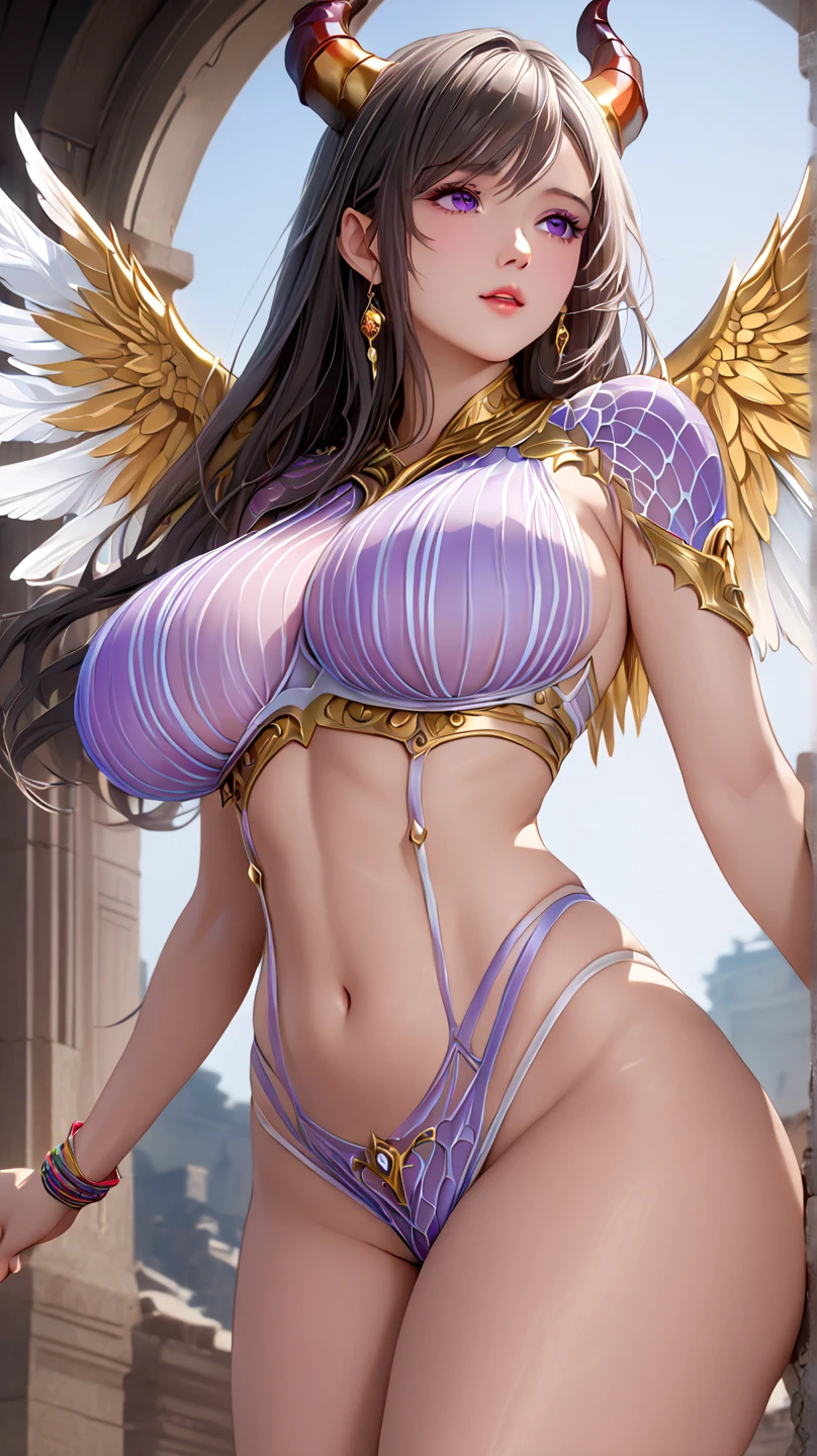 (masterpiece, top quality, best quality, official art, beautiful and aesthetic:1.2), (1girl:1.3), extremely long curly golden hair, extremely detailed, portrait, looking at viewer, solo, (full body:0.6), detailed background, close up, (cool science fiction space theme:1.1), extremely busty valkyrie, charlatan, mysterious, shooting lasers in space, cybernetic angel, huge feathered wings, chrome boob armor, dark purple streamers and skirts and sleeves and knee wrappings, cybernetic implants, mechanical hand, laser cannon, arm cannon, revealing chrome armor, bare midriff, glowing laser energy, halo, intricate armor, ornate chrome armor, sheer white fabric, elegant purple fabric, skirts, streamers, cowl, boots, bracers, ((((gigantic breasts))), slim waist, slim hips, long legs, athletic, SPACE, futuristic moon, (space exterior:1.1) background, dark mysterious lighting, shadows, magical atmosphere, dutch angle
