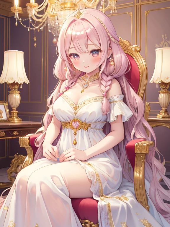(masterpiece, high quality, best quality, 4k, 8k:1.4), 1girl, solo, pink hair, brown eyes, double-parted bangs, long hair, (mature female, mature:1.2), mole under eye, hoop earrings, revealing white and gold dress, detailed face, beautiful detailed eyes, beautiful detailed lips, extremely detailed face, long eyelashes, intricate details, soft lighting, soft color pallette, accurate anatomy
