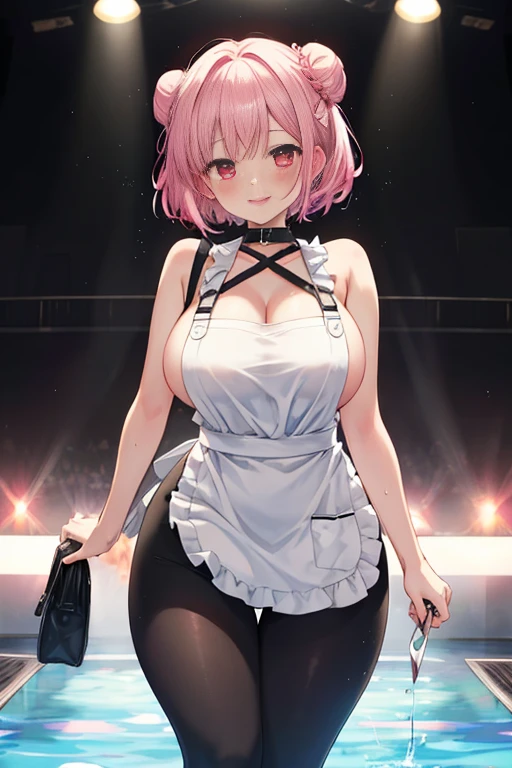 1girl, very light pink hair, short hair, hands behind head, best quality, 4K wallpaper, masterpiece, extremely detailed CG unity 8k wallpaper, extremely detailed eyes, dynamic pose, ultra-detailed, intricate details, masterpiece, skindentation, best quality, expressive eyes, perfect face, soft pink lips, barista, detailed pink gingham mini skirt, detailed black leather corset top, detailed coffee shop, airy, light, large detailed blue eyes, large breasts, cleavage, thick thighs,