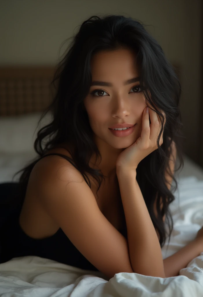 highest quality, epic realistic, ((in the pitch black darkness :1.4)), ((portrait:1.5)),(background: dark ) high contrast ,glorious picture, lowest lux, lighting face, she's comfortable, wearing lingerie, looks incredible, (8k, Raw photo, Highest quality),(epic realistic:1.5), a woman, face,(detailed eyes:0.8),(looking at the camera:1.4), (Highest quality), ( high contrast, deep shadows),Intricate details,cinematic,((skin:1.4)), (long dark hair:1.3), long hair, messy ,(Hdr:1.5),Detailed, colors, Superior quality, Masterpiece, Raw Photo (20-year-old, looking at viewer), beautiful, (wearing underwear,), perfect, natural, perfect composition, portrait, perfect face, smiling expression, Captivating eyes, Bright details, Tight lips, (High Skin Detail),, (blue tint: 0.6), (sale: 0.8), (bloody: 0.7), Key lighting , (backlight: 0.5), Medium depth of field, Canon 5d, 50mm lens, f/4 apertures, (Ultra-detailed, Complex detail), sharp focus, soft colors, 8k, Absurd, 80mm, dark background, photography, smiling, medium ,