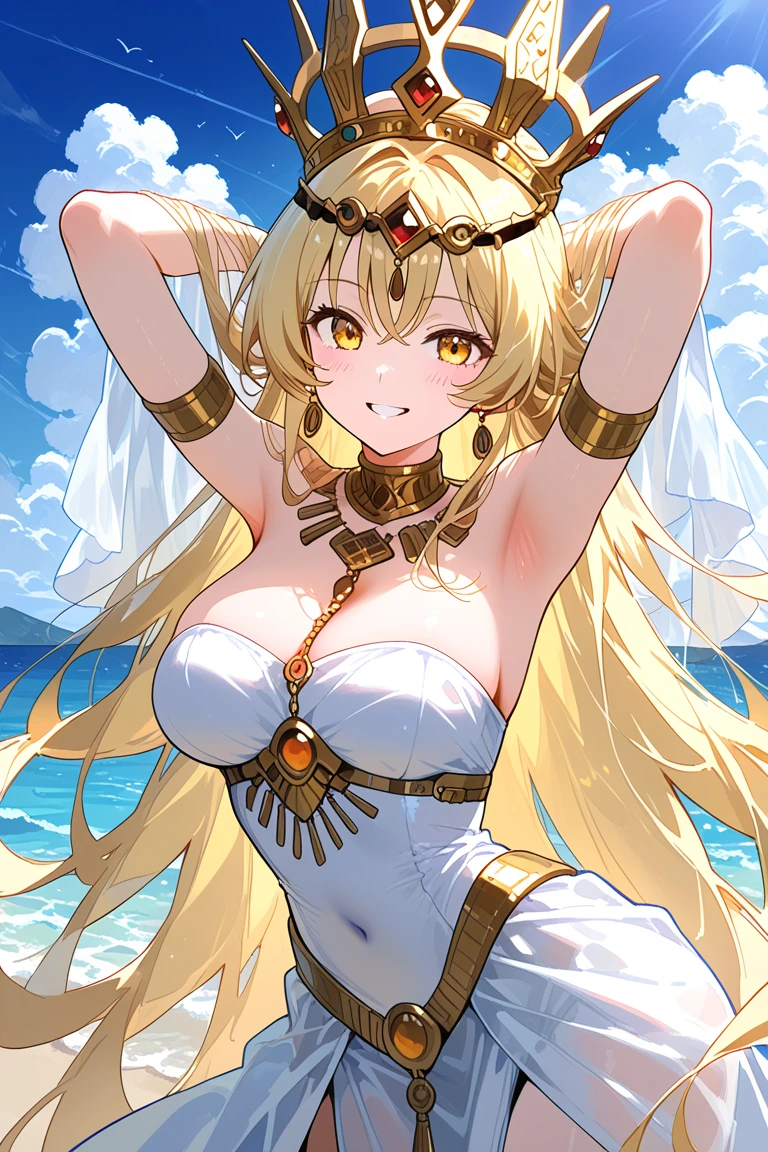 ((highest quality, 8k, masterpiece: 1.3)), Blonde, Hair behind the ear, Long Hair, Big Hair, Wet Hair, Star hair ornament, Upturned eyes, Pointed Ears, A light smile, ((Mermaid)), (Sit on a coral reef), Adult women, breastplate, Beautiful Face, highest quality, Shiny skin, Detailed skin, ((Detailed face, Fine grain))