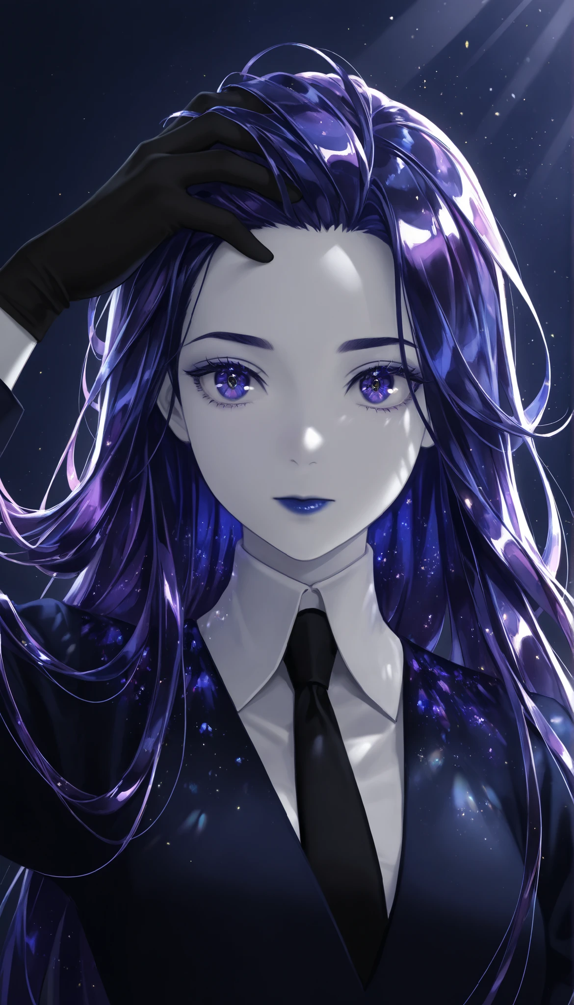 Masterpiece, undershirt, newer ,absurdres, High resolution,vista muy about,detailed background, A girl, about,Floating,crystal hair,cabello largo,sunlight,portrait,shiny purple hair,dark blue hair,Dark blue lips,eyes dark blue,white skin,gold particles in the hair,pale skin,black gloves,I wore a,black tie,long hair,touching her hair