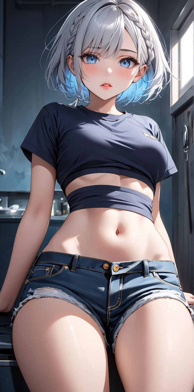 High resolution, woman , good lighting, despicable, , (No nudity), (((jean shorts))), ((white sports bra)), (((leather thigh high boots))), (I can see your panties), abdomen only, (wet shorts), , cute face, I', ((sit with legs wide apart)),glasses,((white fluid in vagina))