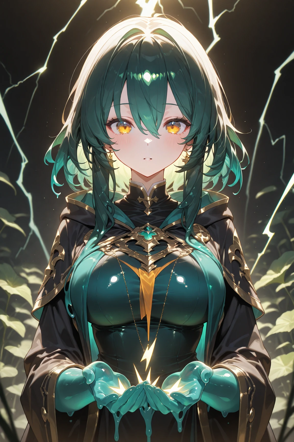 mulher em roupas curtas com longos cabelos loiros e olhos verdes, with several orbs of light around you, Manipulating black magic in one of your hands, Dark background of apocalyptic scene