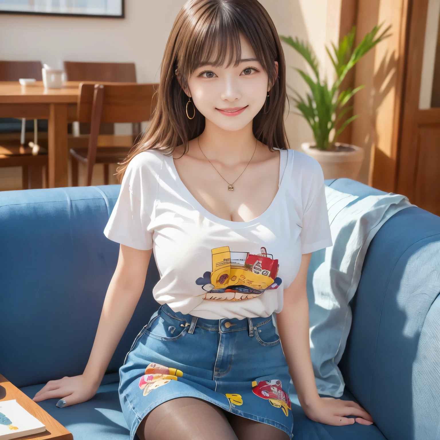 (masterpiece,best quality: 1.4),(8k,raw photo,photo realistic:1.2),shiny skin, detailed skin,detailed face,detailed eyes,Japanese idol,beautiful face. The living room of the home. There is a desk and a couch. One beautiful woman.She is a very beautiful Japanese woman. She is 18 years old. She has a well-defined face. She wears a necklace and earrings.(She has large breasts). (She has a happy smile).(She has brown hair. She has long wavy hair). (She is wearing a cute printed T-shirts. She is wearing a denim skirt. She is wearing pantyhose:1.3). (She is sitting on the couch.
She is drinking coffee:1.2).(shoot from front).
