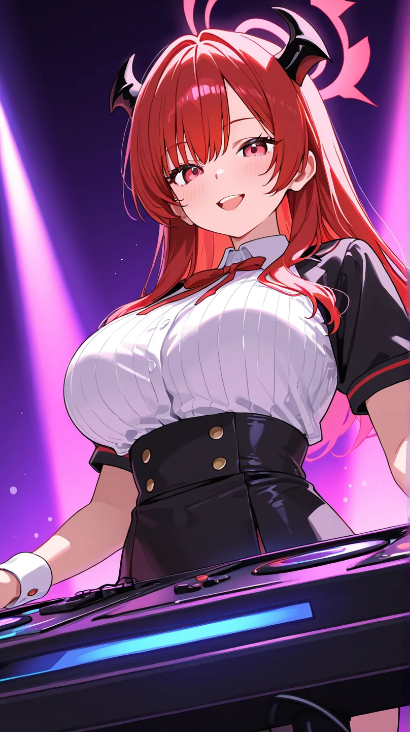 ASAMIKEI, red HAIR, PONYTAIL, LONG HAIR, SIDELOCKS, PURPLE EYES,, large breasts, live stage, solo nipple