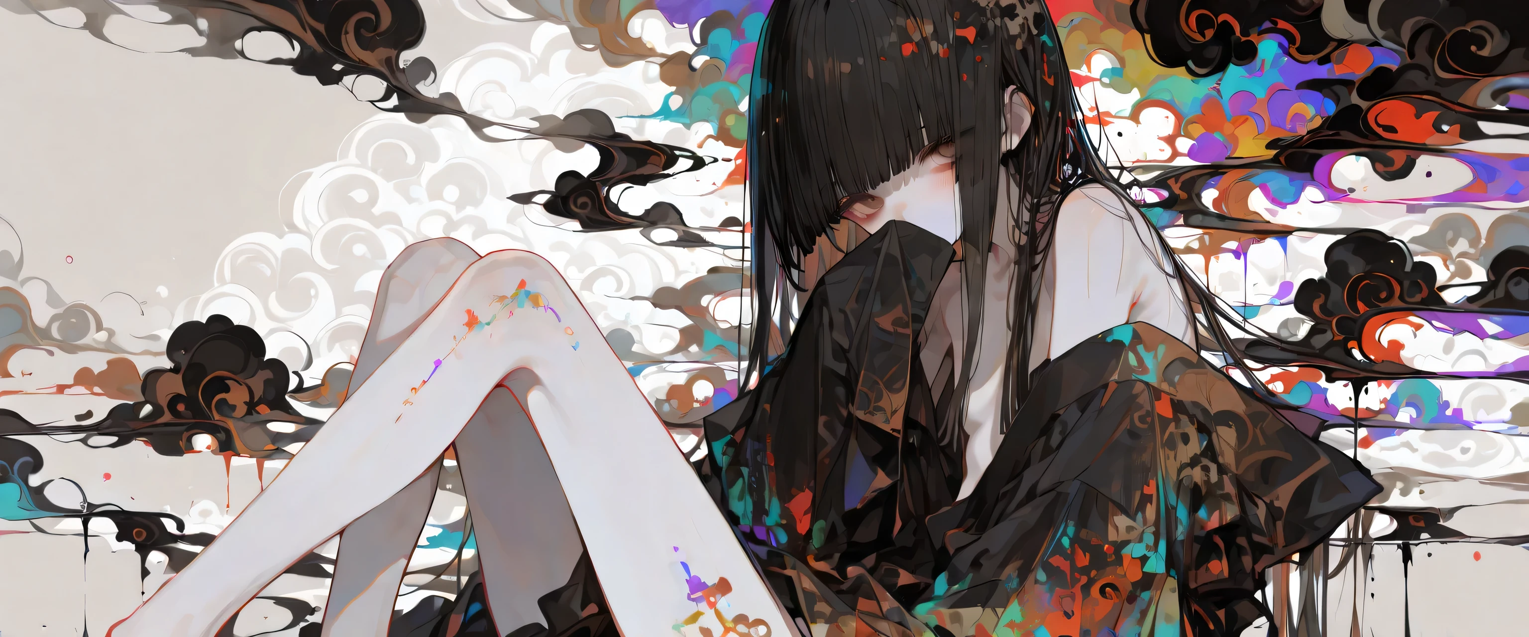 {{{masterpiece}}}, {{{best quality}}}, {{ultra-detailed}}, {illustration}, {{an extremely delicate and beautiful}},(1girl, toddler, black hair, hime cut, chestnut brown eyes, long hair, solo, skinny, small breasts),(masterpiece, Best Quality, Very detailed, characters), nude, r17329_illu, (sleeves past wrists), kimono, sitting, smoke background, facing at viewer, bWlua, colorful, abstract, a290, covering mouth by sleeves