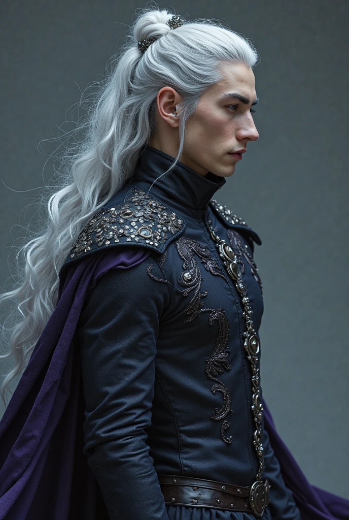 Male Silver hair, violet eyes, tall and athletic. His appearance is a mix of Velaryon nobility and Targaryen majesty..