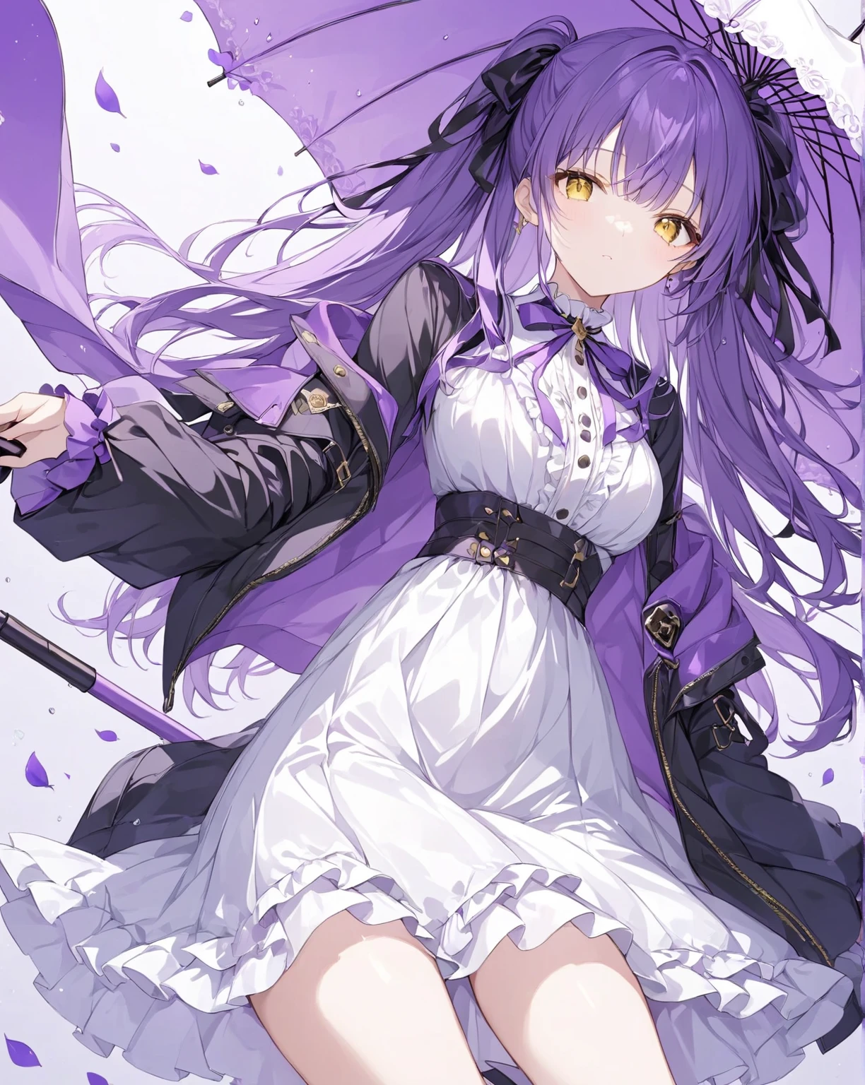 magical girl,frill,frilled sleeve,(1girl:1.5), {masterpiece), best quality, illustration,(purple long hair:1.3) , expressionless,chest,(purple hair:1.1),,,,bags_under_eyes, (hair over one eye:1.25),,, jimiko, long hair, big hair,(shaded face:1.1),wince, ,, darkness,(dog ears:1.1), chained collar,collar,smile,fang, ,knight armor,(crown:1.2),spiked armor,grey cloak,grey shirts,,,(purple armor:1.1),,,,,standing pose,1girl white background,(tachi-e:1.4),,(, full body, (facing front:1.3),(mini bubble skirt:1.1),zettai ryouiki,(holding axe:1.4),purple axe,