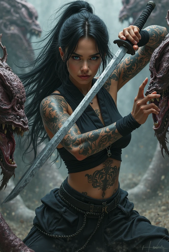 Woman with long black hair, Caucasian skin, blue colored eyes, tattooed, powerful woman, with a black, well-behaved men&#39;s outfit. She is fighting monsters with a katana.