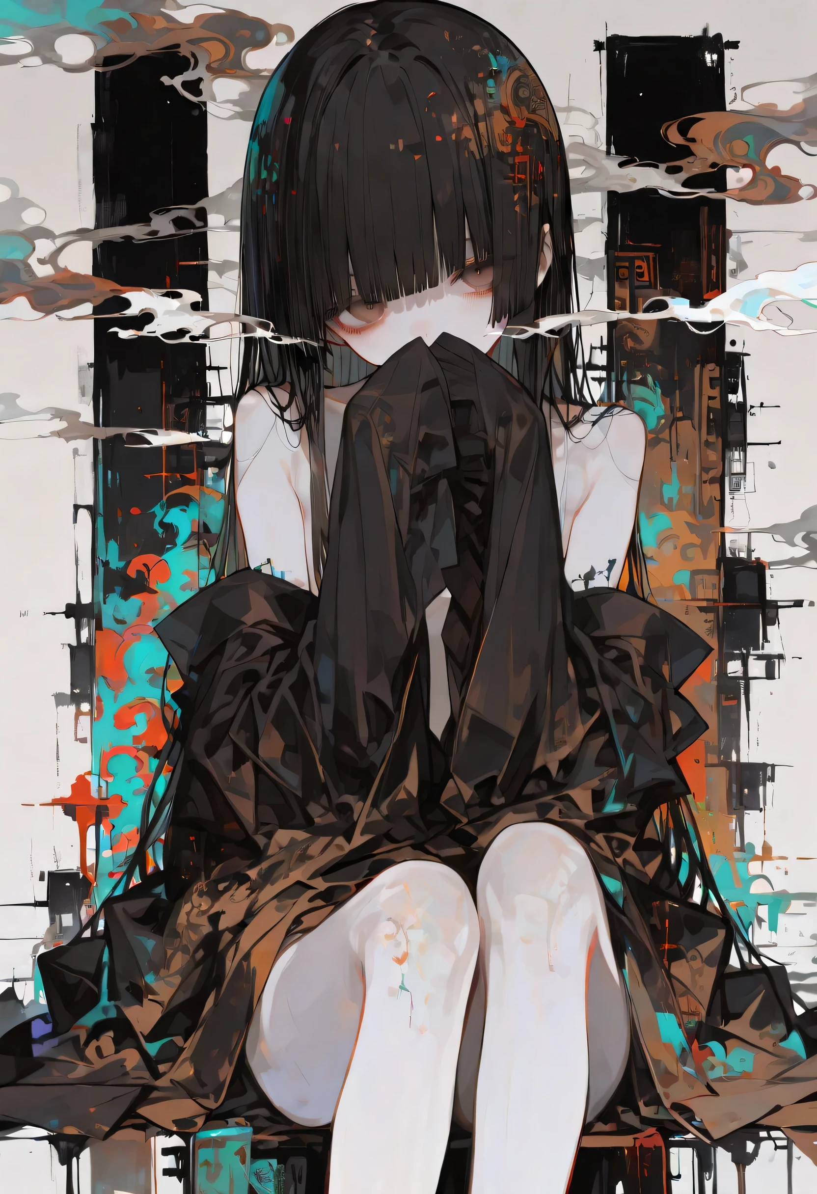 {{{masterpiece}}}, {{{best quality}}}, {{ultra-detailed}}, {illustration}, {{an extremely delicate and beautiful}},(1girl, toddler, black hair, hime cut, chestnut brown eyes, long hair, solo, skinny, small breasts),(masterpiece, Best Quality, Very detailed, characters), nude, r17329_illu, (sleeves past wrists), kimono, sitting, smoke background, facing at viewer, bWlua, colorful, abstract, a290, covering mouth by sleeves