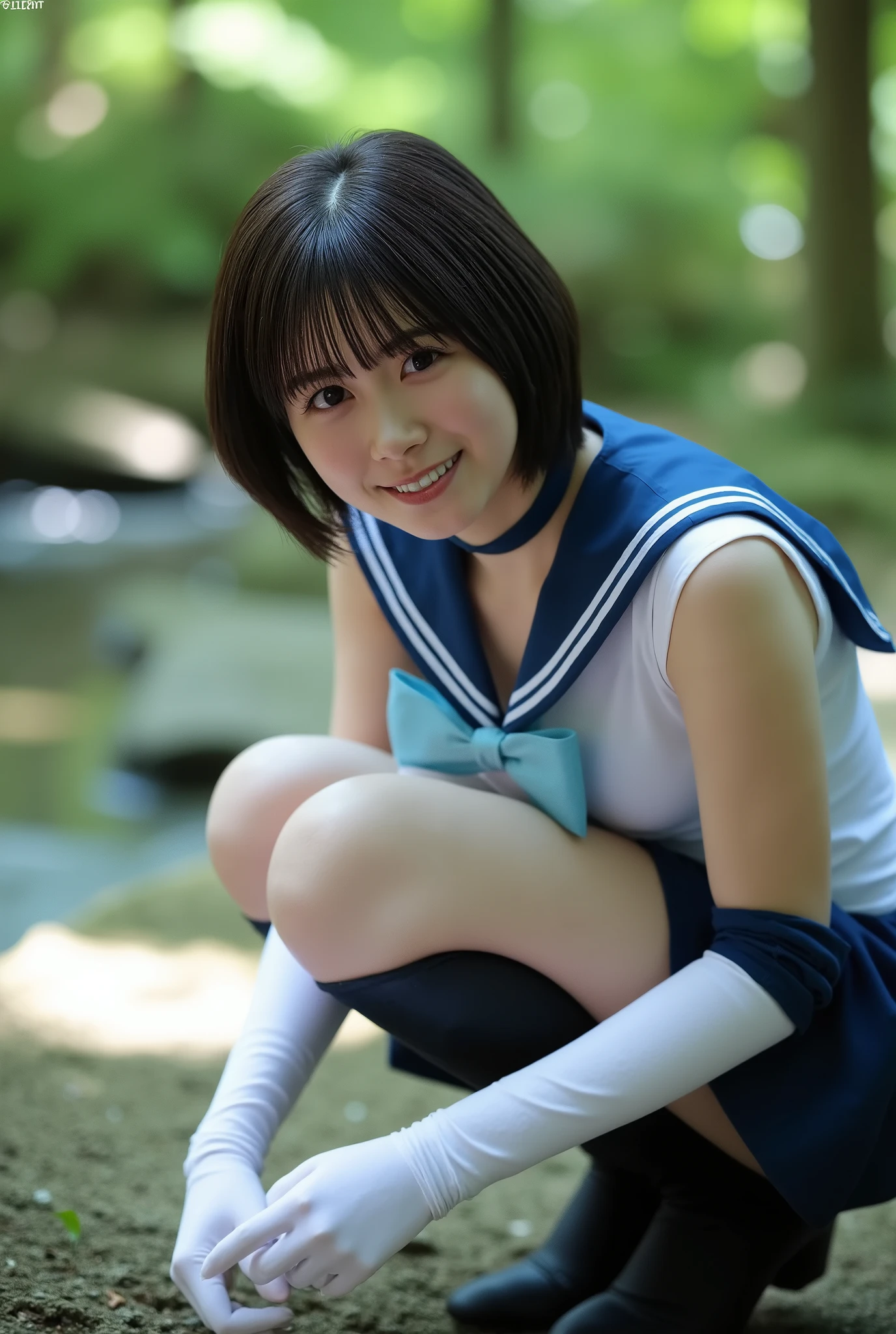 (8k、Raw photography、Highest quality、masterpiece:1.2),(Black-haired、Short Bob Hair:1.8),(:1.3)、View your audience,Front view,White skin,(high school girl、Light blue uniform:1.6)、(Tight waist:1.6)、(Clothes that accentuate the shape of the breasts:1.0)、(Small breasts :1.3)、Slim figure、Ultra-high resolution,beautiful,beautiful fece,(One person、No background:1.9),whole bodyボディー,Japanese women,(reality的:1.37)、Photon Mapping,reality、(Baby-faced and cute: 1.4)、(Cute Smile: 1.8)、(Round face: 1.8)、Radio City、Physically Based Rendering、Depth of field rally background、photograph, (I can see your knees、Thigh close-up:1.8),(Checked skirt:1.6),whole body、Great quality、(Sit with your legs slightly apart、Put your hands on your knees)、((((Sailor suit))))、(((Navy Blue Skirt)))、(((White and light blue panties)))、((((White loose socks))))、((((Brown leather shoes))))、(Outdoor Roads)、((((Low - Angle))))、((((Sitting on the stairs outdoors))))
