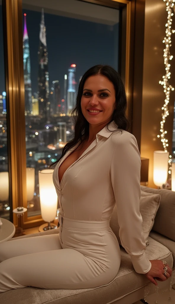 Jefy in an elegant white fabric dress posing towards the camera on a balcony with a blurry city in the background at night after an elegant , Jefy's face, beautiful Latin woman, soft smile, detailed face, Jefy's body, light brown skin, brown eyes, dark brown hair, slender body, big breasts, model pose, detailed body, portrait, sexy elegant white smooth dress, beautiful woman, dress with cleavage, sexy woman, realistic photo, realistic, ultra high resolution , professional photo, cinematographic style photo, 4k