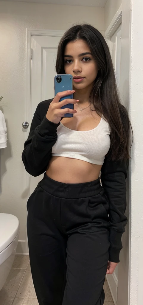 a 15 year old girl with black and long hair, small, in home, foto, legging pants, high-waist, bra,showing everything, good lighting, real, reality, clear environment, best qualityer, whole body, Dog Collar, Dog Collar no pescoço,