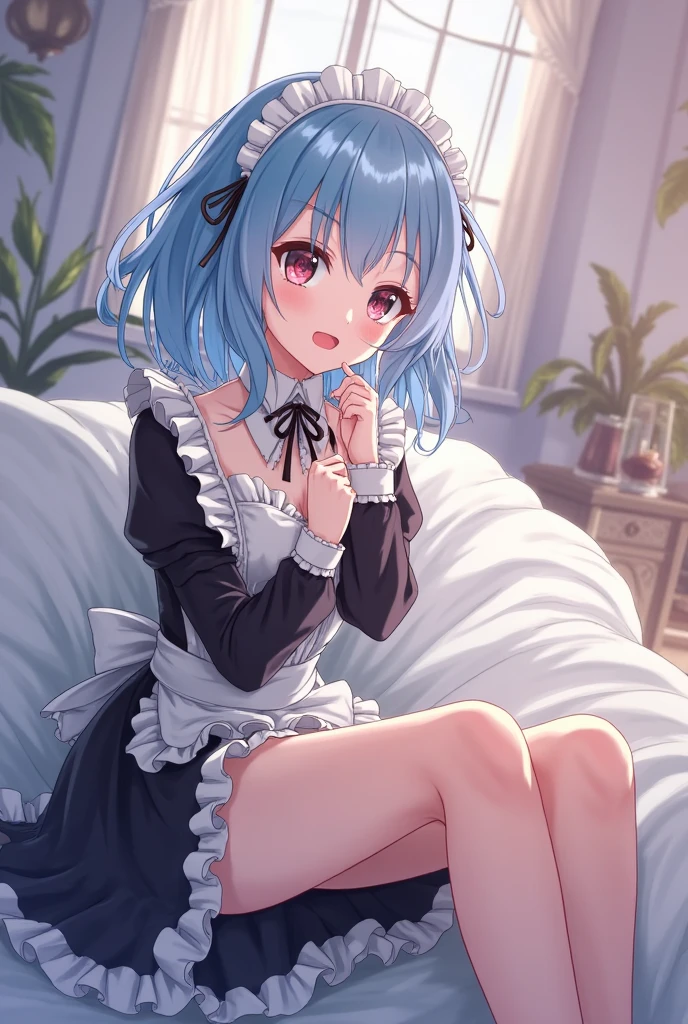 ((8K,masterpiece, highest quality)), 1 girl, alone, hired (genshin impact), chest, horn, maid, long hair, The base of the thigh, blue hair, Ahoge, looking at the viewer, white stockings, holding, blush, maid headdress, apron, instead of clothes, frills, cleavage, maid, bangs, skirt, short sleeve, zettai ryouiki, black dress, purple eyes, medium chest, goat horn, frillsドレス, extra long hair, Are standing, puff sleeves, shut up, maid apron, side hair, white apron, denim photos, ふわふわshort sleeveバックグラウンド, red eyes, frilled apron, hair between eyes, sitting on the bed, blushing, open your mouth, The whole body is wet