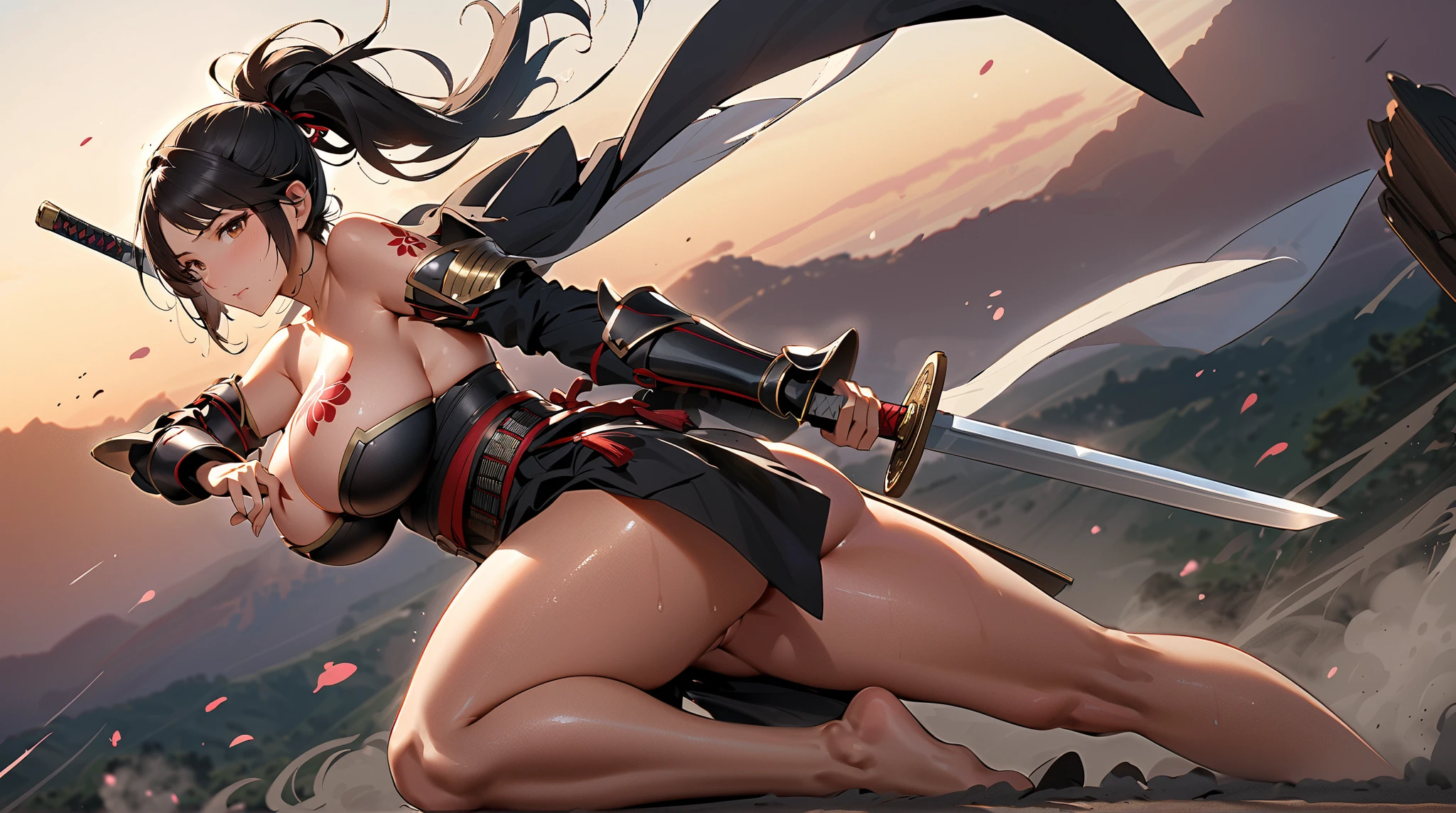 a Japanese girl, with straight hair tied up, black hair, nsfw, laughing, doing an erotic pose with her hands on her breasts, perfect body, big chest, detailed curves, 8k, best quality, film lighting, detailed background