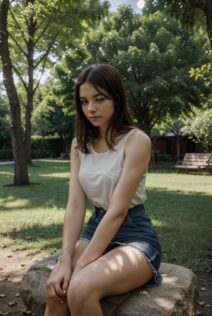 Create a highly realistic very close-up scene set in a picturesque park in Italy, featuring a 13-year-old Italian teenage girl explaining a lesson to four younger children girls on a park bench.
The 13-year-old girl stands confidently next to a wooden bench in the park, wearing a stylish outfit: a T-shirt tied at the waist showing her midriff and colorful shorts. She has shoulder-length brown hair tied in a ponytail and her expression is focused and engaging as she gestures with her hands, explaining the lesson.
Sitting on the bench are four younger girls, aged between 7 and 9, who listen attentively to the older one. They wear casual summer clothes, with colorful T-shirts and shorts, and their expressions range from curious to excited. Some have notebooks or small tablets on their laps, taking notes or following the lesson.
The park setting is lush and inviting, with tall trees providing shade and a backdrop of well-tended gardens and walking paths. The sun filters through the leaves, casting a dappled light on the scene, and a light breeze rustles the leaves, helping to create a serene atmosphere.
In the background, other park visitors can be seen walking, jogging or sitting on other benches, enjoying the good weather. A nearby fountain adds the soft, soothing sound of flowing water to the ambience.
This scene captures the essence of a peaceful, educational moment in a beautiful Italian park, with the teenager confidently leading the lesson and the younger girls participating enthusiastically. The detailed environment and engaging interaction between the girls create a realistic and heartwarming image, highlighting the joy of learning in a serene outdoor environment