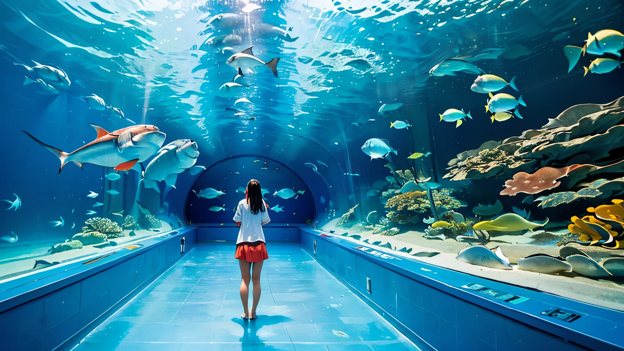 Large, dimly illuminated aquarium, while light dances through the water , (I'm watching many fascinating schools of fish swimming in a super huge tank:1.5) . soft blue surface , (Majestic rays, giant sharks, and large colorful tropical fish are swimming in the tank:1.5), Colourful creatures that illuminate , 、while admiring the serene beauty of the water、creates a calm atmosphere , world . in the background 、has a towering fish tank full of coral reefs and seaweed, a group of vibrant tropical fish.The supergiant aquarium of the future,(is full of colorful creatures I've never seen before swimming:1.5),Super giant aquarium,(A 100m water tank that is enough to look up:1.5),(Back view of a girl looking up at an aquarium:1.5),(colorful fish and creatures:1.5),