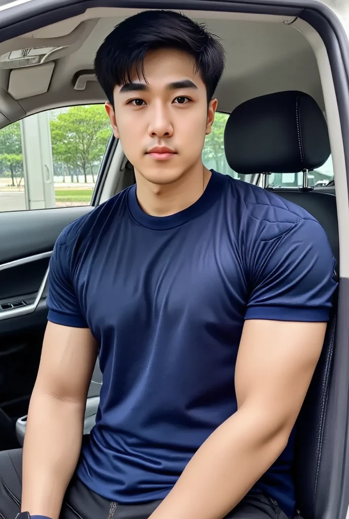 Tony Labrusca, ((realistic daylight)) , Young Korean man in a navy blue polo shirt and jeans, A handsome, muscular young Asian man looks at the camera. In a simple t-shirt blue and red , roadside traffic ,((look sideways))