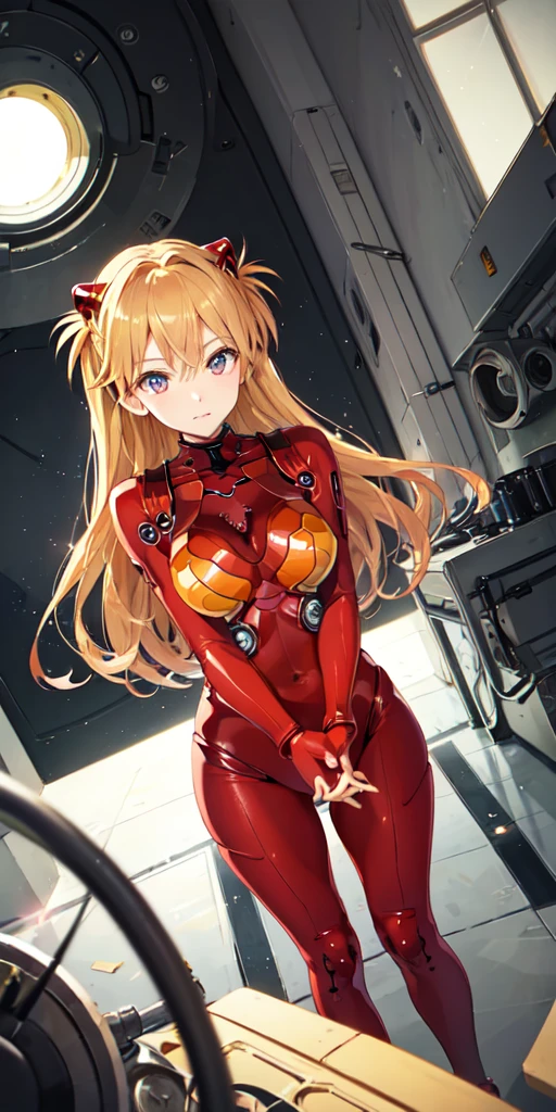 Soryu Asuka Langley, (table top, highest quality, become familiar with), 1 girl,sexy, huge breasts,  alone, arm behind head, cowboy shot, interface headset, red bodysuit, simple background.