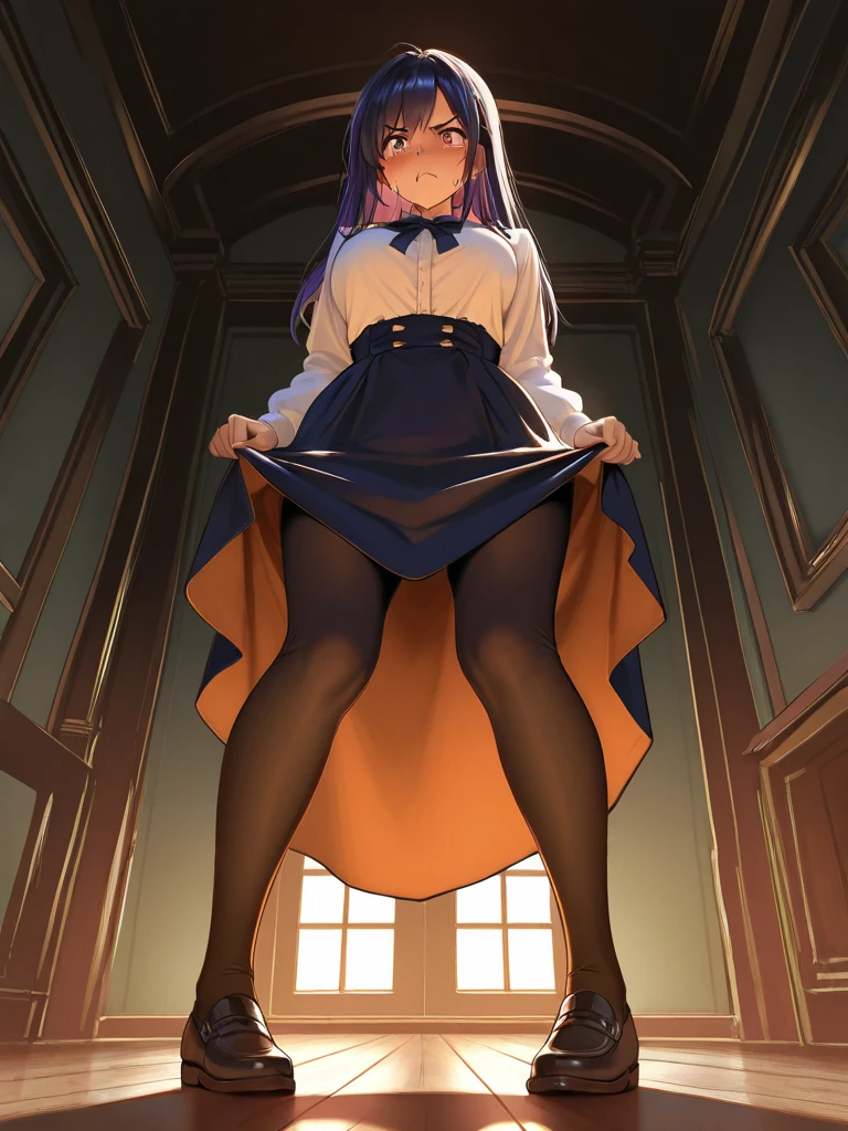 (masterpiece, 4k, best quality, highly detailed, 1girl, solo, small breasts, from below, frown, skirt lift, lifted by self, panties under pantyhose), hair ornament, blue scrunchie, breasts, long sleeves, bangs, sidelocks, black pantyhose, closed mouth, disgust, ((expressionless)), cowboy shot,