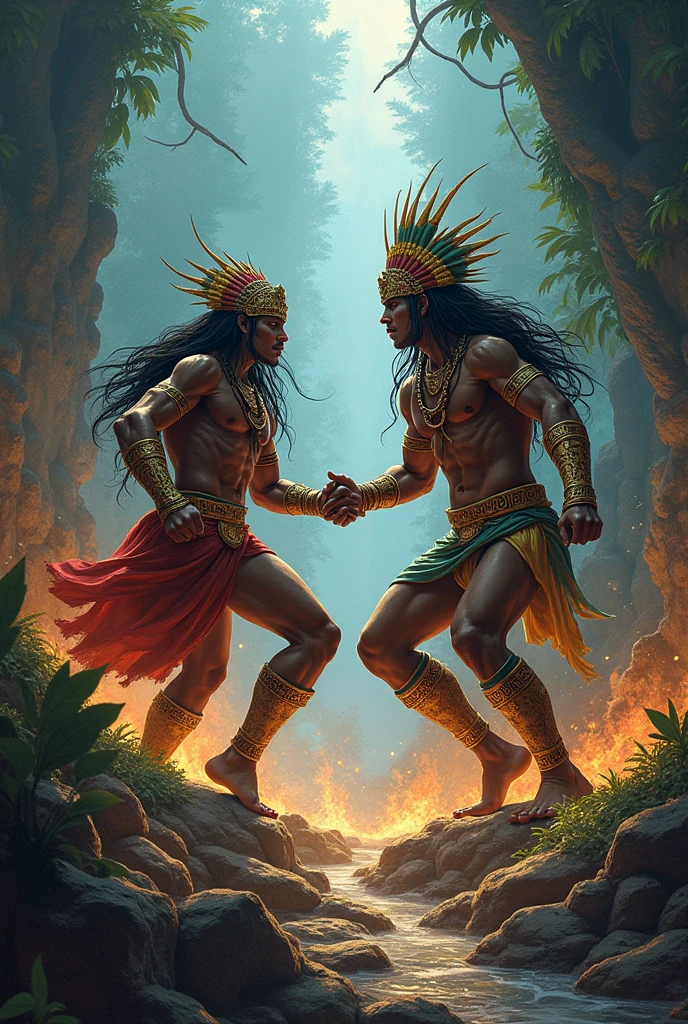 I want you to make 2 Mayan gods creating water and earth