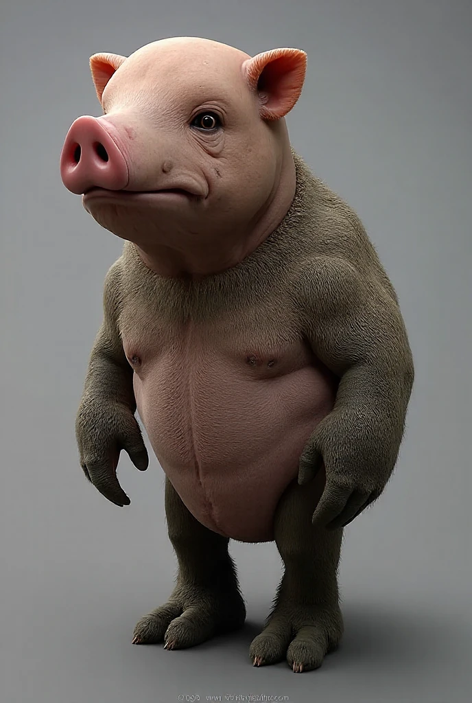 A detailed action figure of a horrifying humanoid pig creature, 
grotesquely obese, wielding a chainsaw. Its skin is pallid and scarred, 
its eyes filled with a terrifying madness. The creature is naked, bleeding,huge penis between his legs, except for bandages wrapped around its wrists 
and ankles. . The figure is positioned in the center, with a person ????? . 
The colors in the image include shades of brown, beige, and grey. 
The primary colors found in the image are #45392f, #d5cbb8, and #9e7158, 
with an accent color of #bd563f. The setting seems to be a dark and dirty 
hallway. 
The hallway floor is stained with feces and urine around him. 
The toy figure appears to be part 
of a larger collection of action figures. The image also contains text 
related to a movie or book, with references to "SPAWN.COM", "PIGGSY", 
"Maniacs", "MANHUNT", and an age warning for ages 13 and up.