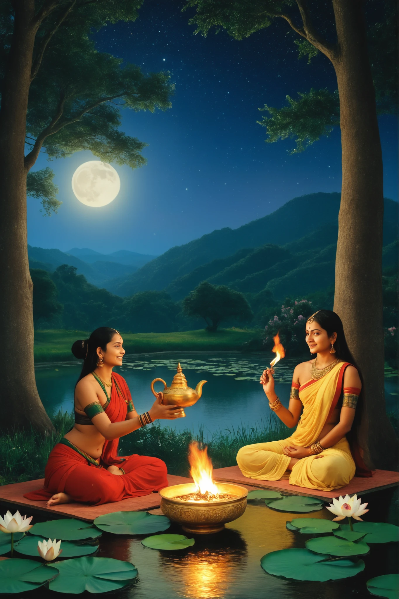 A mystical, spiritual forest scene under a moonlit night. In the center, Lord Dattatreya is depicted in his Avadhut Swaroop — serene, divine, and detached, sitting relaxed with a subtle smile. He is surrounded by two beautiful women sitting close to him, one offering him a drink from a golden vessel, the other leaning on him affectionately — symbolizing worldly illusions (Maya). A third woman sits nearby, playing a veena, enhancing the atmosphere with divine music. There is a small sacred fire burning in front, and a peaceful dog lies beside it. The background features lush green hills, blossoming lotus flowers in a small pond, and tall ancient trees. Though the scene appears romantic and worldly, Lord Dattatreya's expression remains calm and unattached, symbolizing his transcendence and the teaching that a true Guru may use illusion to test or guide his disciples
