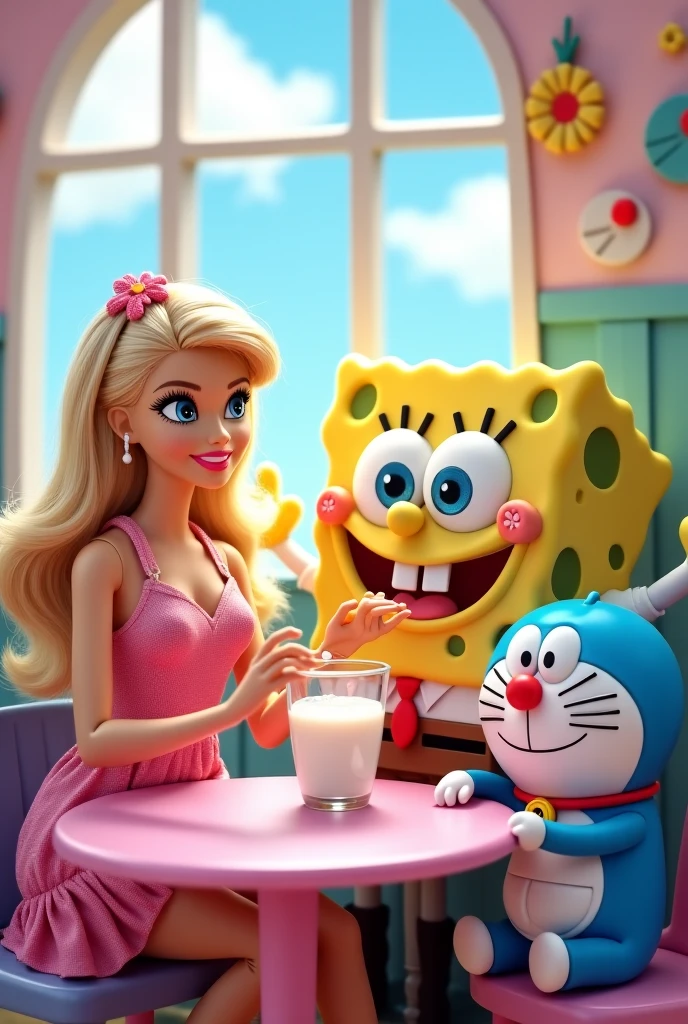 an adult blue Smurfette taking a shower holding a happy SpongeBob SquarePants toy. the Smurfette have a tatoo of a heart on her chest. and a scar in her legs. her body and blond hair is all wett.